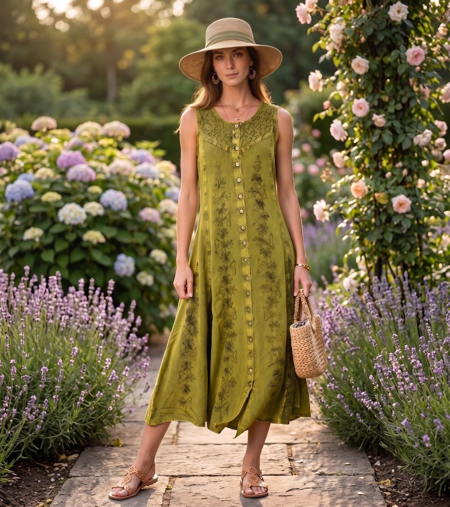 Sakkas Beverlee Embroidered Button Down Sleeveless Caftan Dress