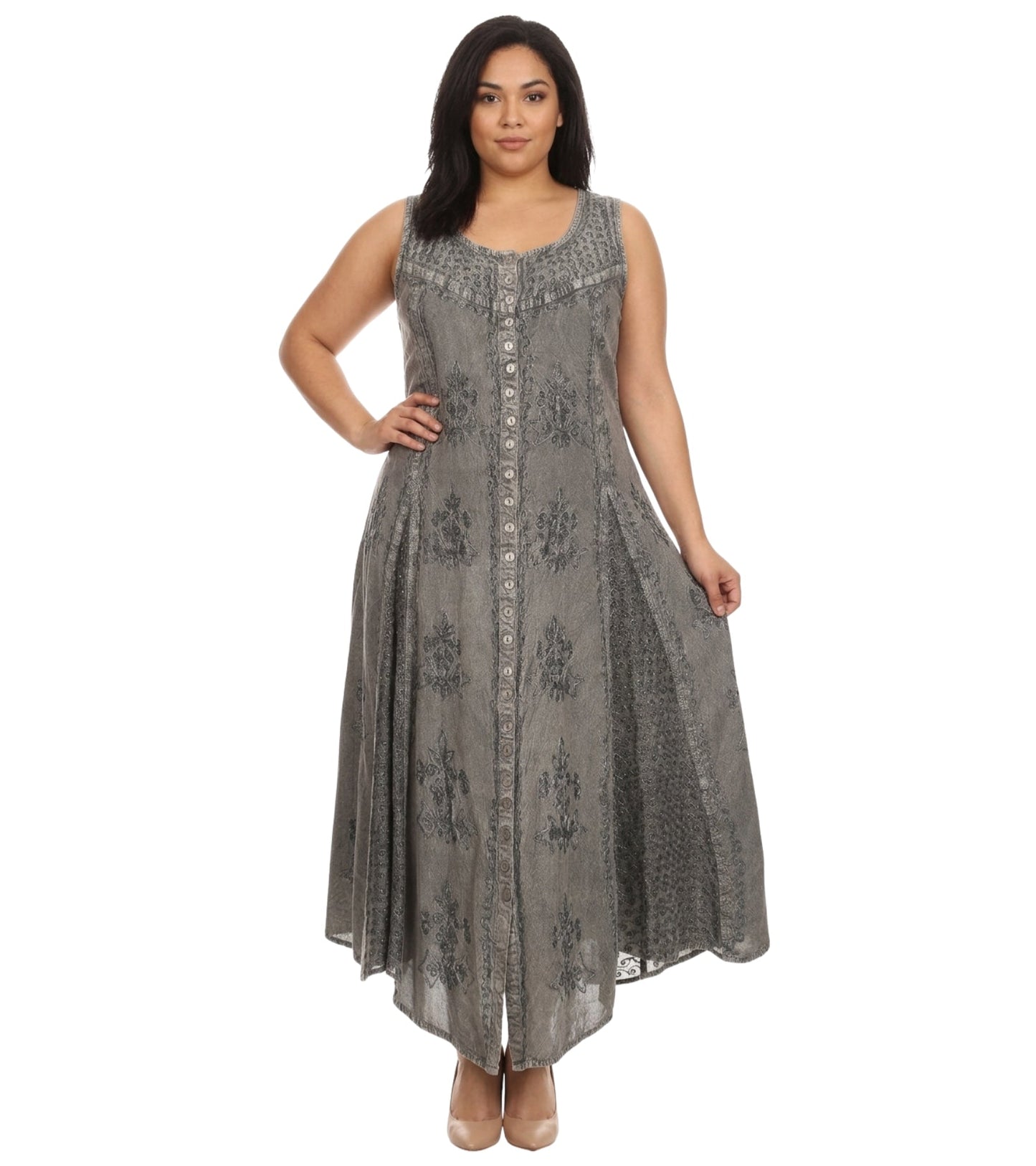 Sakkas Beverlee Embroidered Button Down Sleeveless Caftan Dress