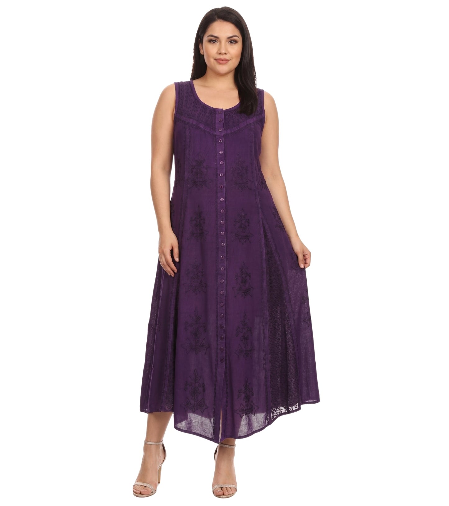 Sakkas Beverlee Embroidered Button Down Sleeveless Caftan Dress