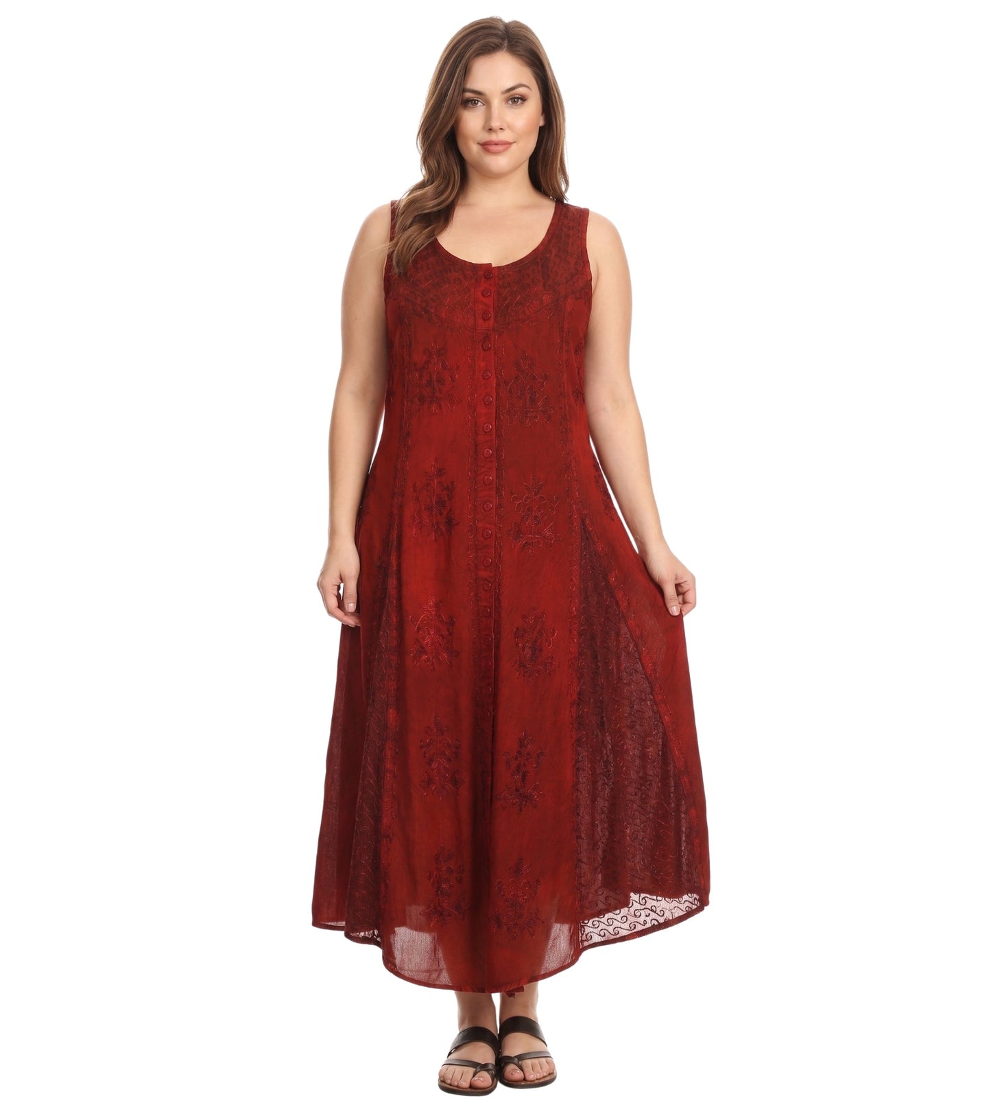 Sakkas Beverlee Embroidered Button Down Sleeveless Caftan Dress