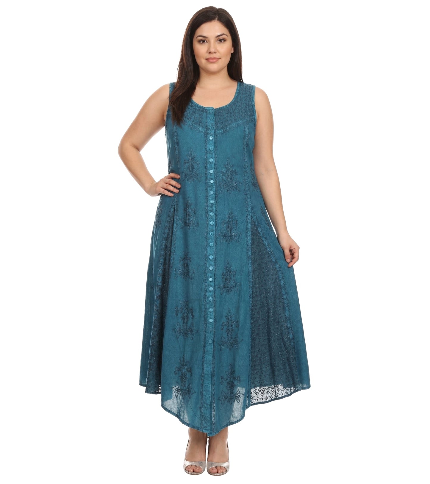 Sakkas Beverlee Embroidered Button Down Sleeveless Caftan Dress