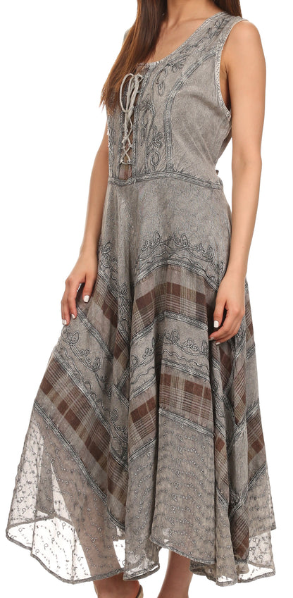 Sakkas Azalea Stonewashed Rayon Embroidery Corset Style Dress