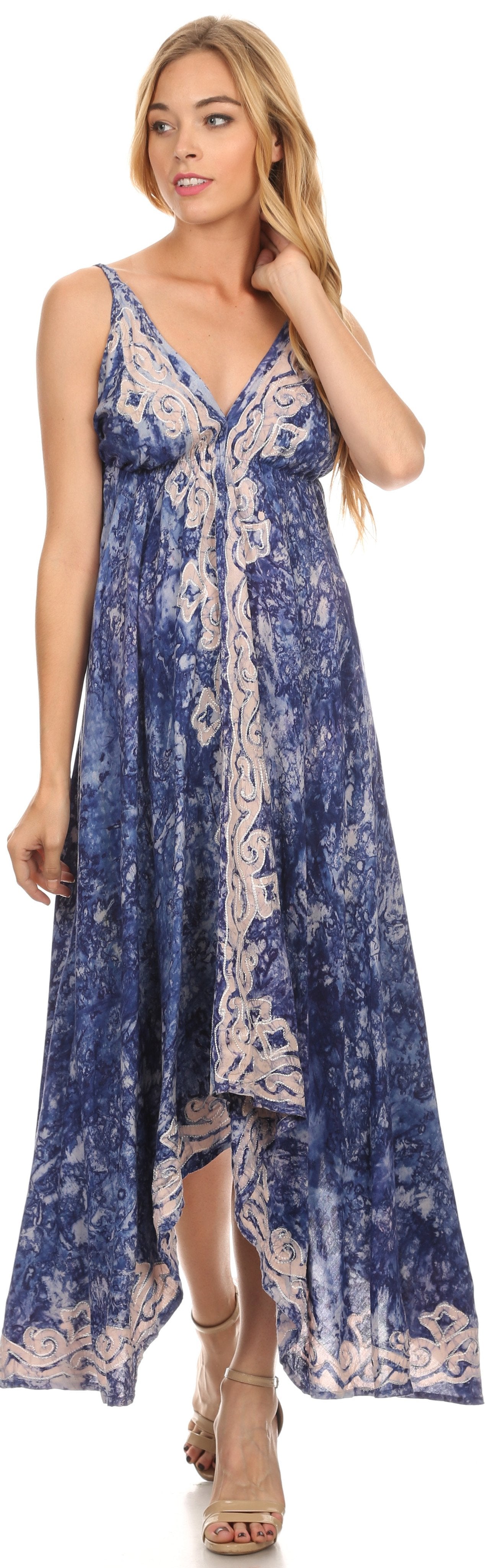 Sakkas Neyva Long Handkerchief Hem Embroidered Dyed Spaghetti Strap Batik Dress