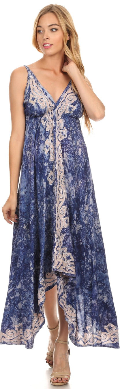 Sakkas Neyva Long Handkerchief Hem Embroidered Dyed Spaghetti Strap Batik Dress