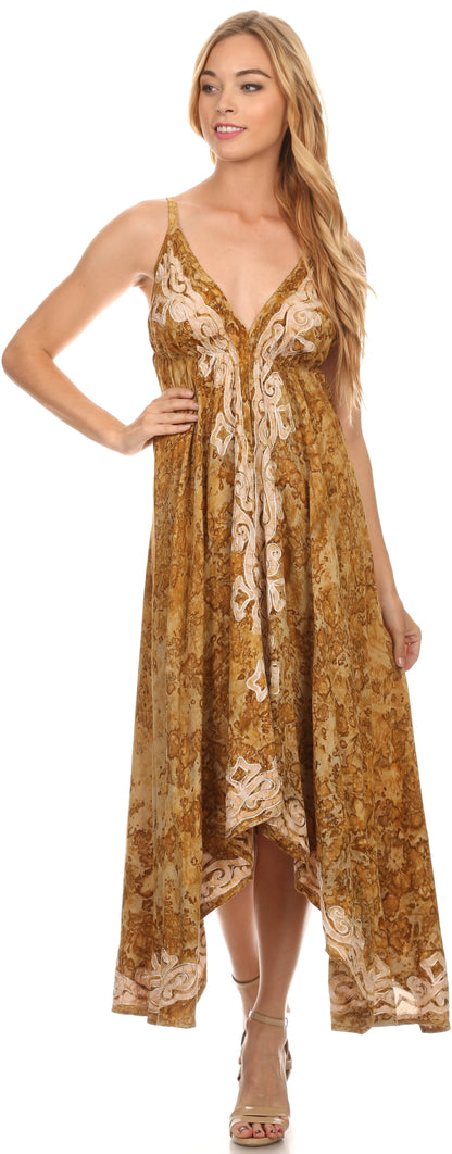 Sakkas Neyva Long Handkerchief Hem Embroidered Dyed Spaghetti Strap Batik Dress