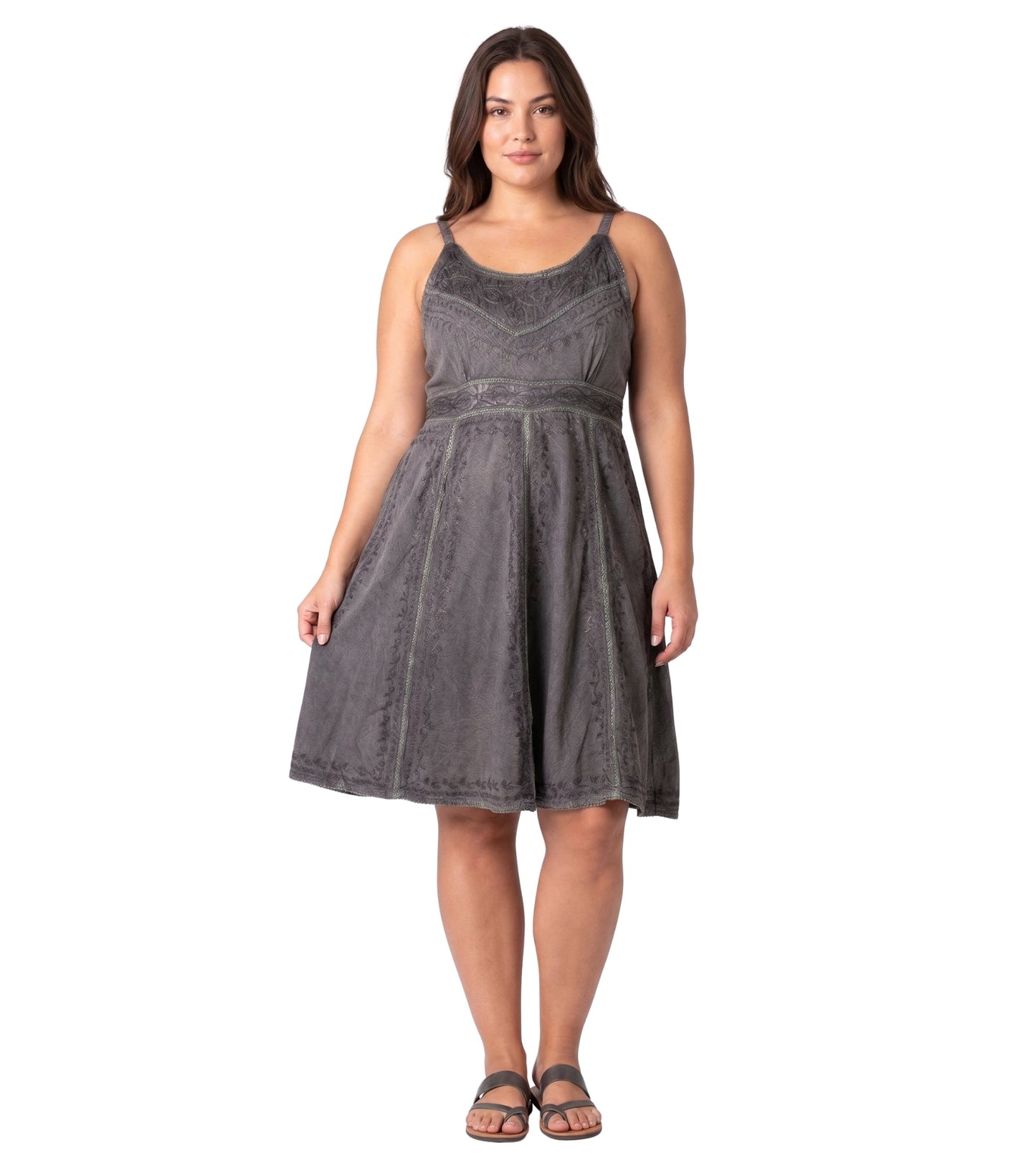 Sakkas Markay Short Mid Length Spaghetti Strap Sleeveless Embroidered Batik Dress