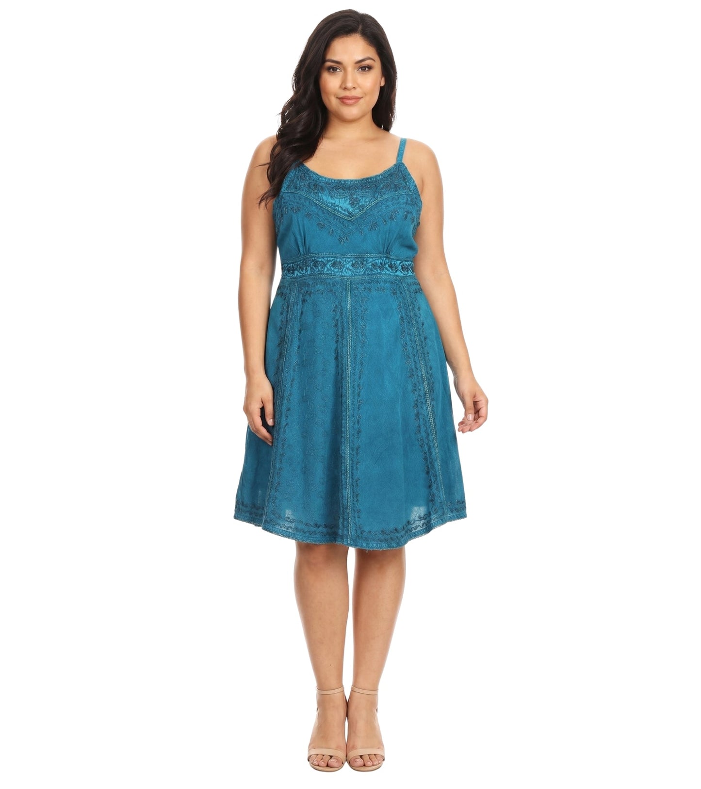 Sakkas Markay Short Mid Length Spaghetti Strap Sleeveless Embroidered Batik Dress