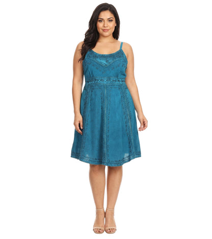 Sakkas Markay Short Mid Length Spaghetti Strap Sleeveless Embroidered Batik Dress