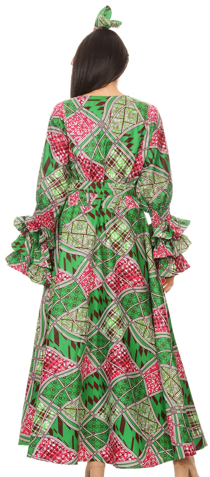 Sakkas Tale Women's Maxi Long Sleeve Wrap Dress with Pockets African Ankara Print