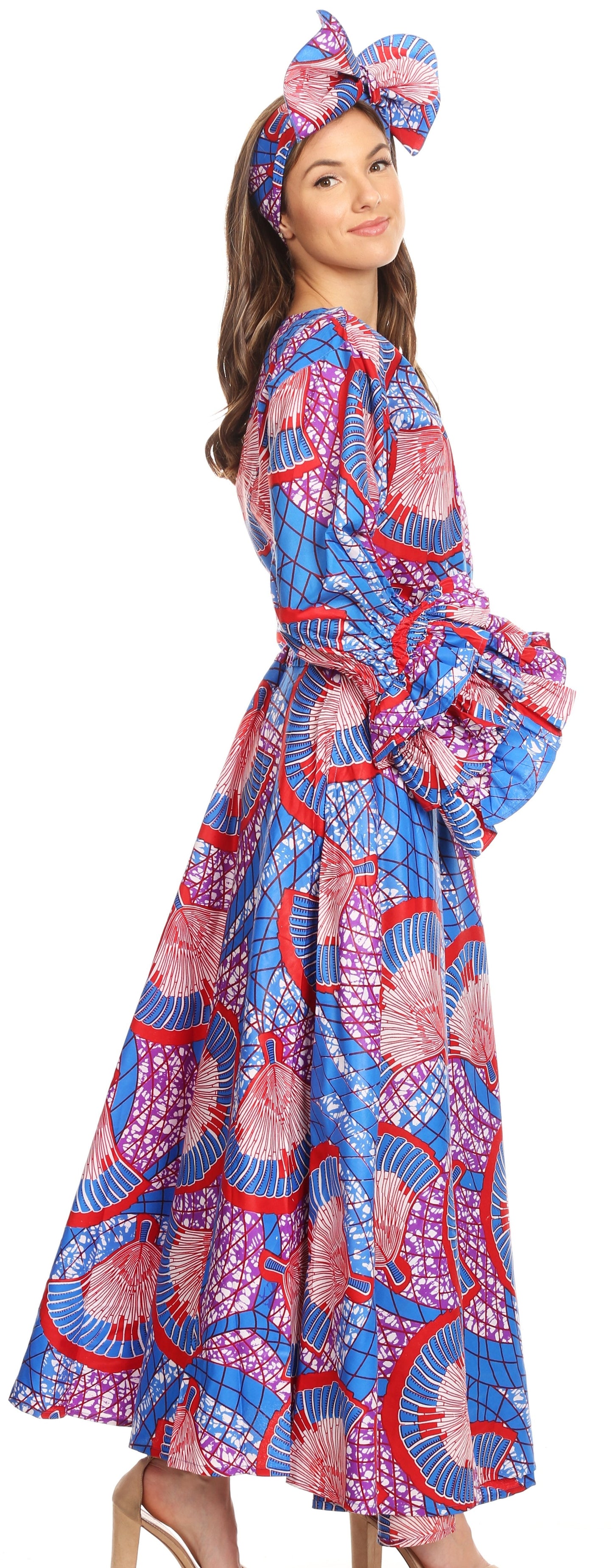Sakkas Tale Women's Maxi Long Sleeve Wrap Dress with Pockets African Ankara Print