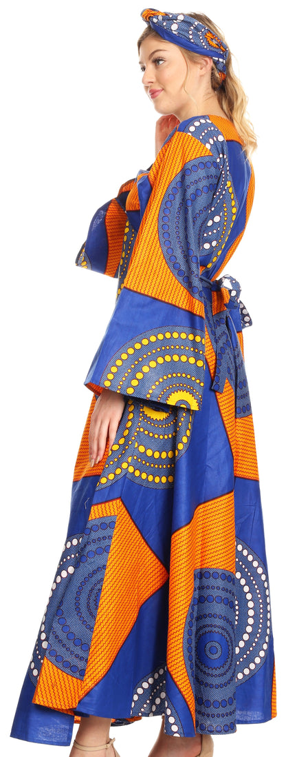Sakkas Tale Women's Maxi Long Sleeve Wrap Dress with Pockets African Ankara Print