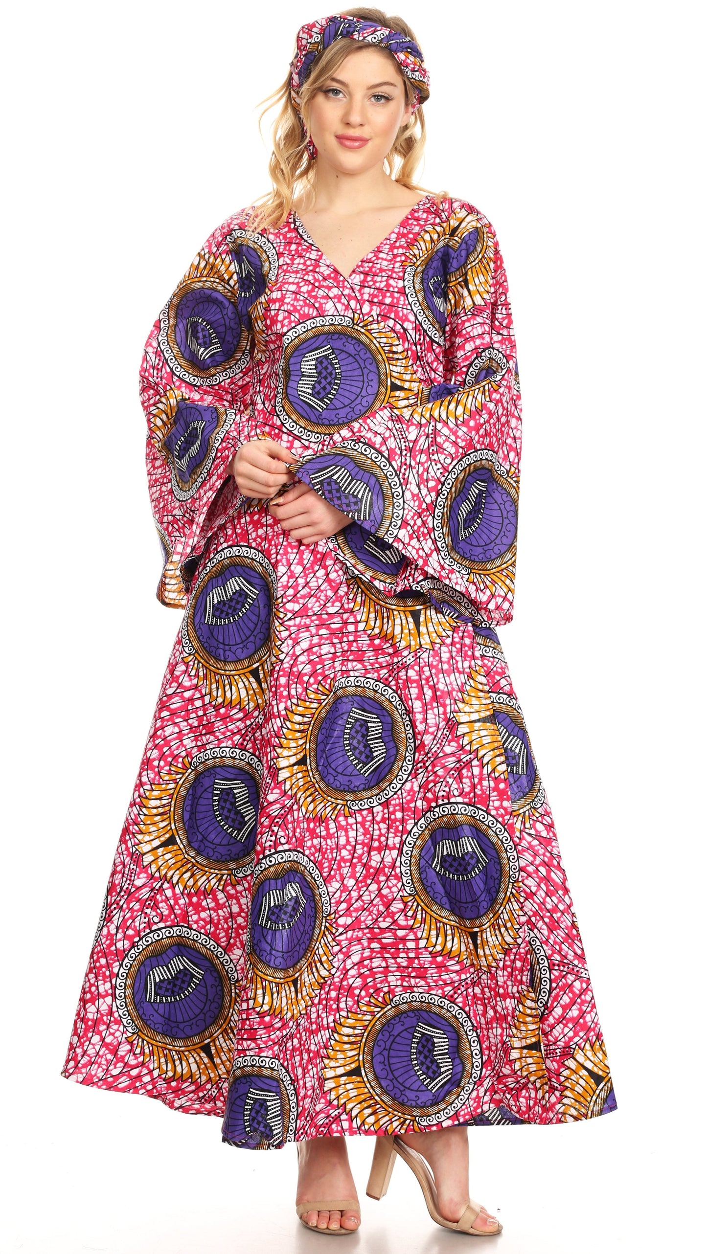 Sakkas Tale Women's Maxi Long Sleeve Wrap Dress with Pockets African Ankara Print