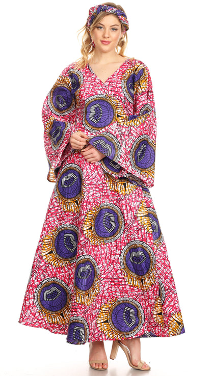 Sakkas Tale Women's Maxi Long Sleeve Wrap Dress with Pockets African Ankara Print