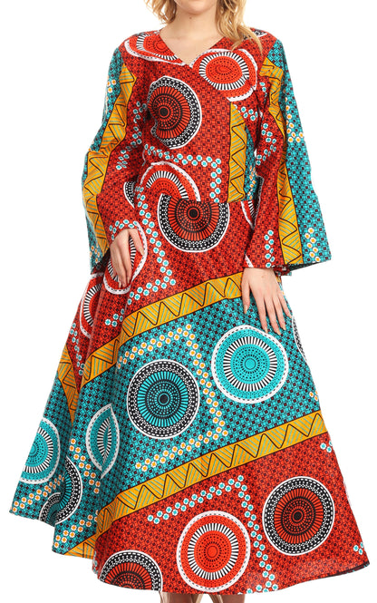 Sakkas Tale Women's Maxi Long Sleeve Wrap Dress with Pockets African Ankara Print