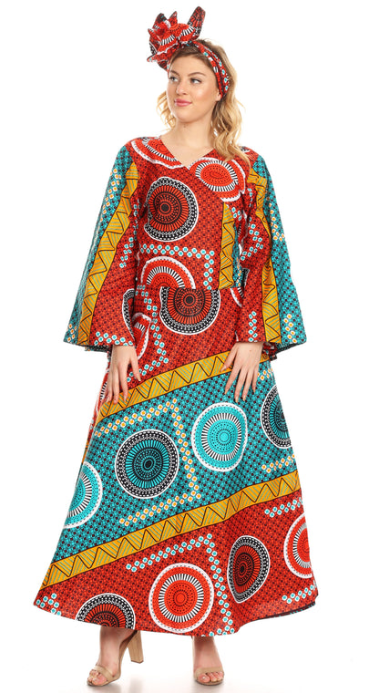 Sakkas Tale Women's Maxi Long Sleeve Wrap Dress with Pockets African Ankara Print