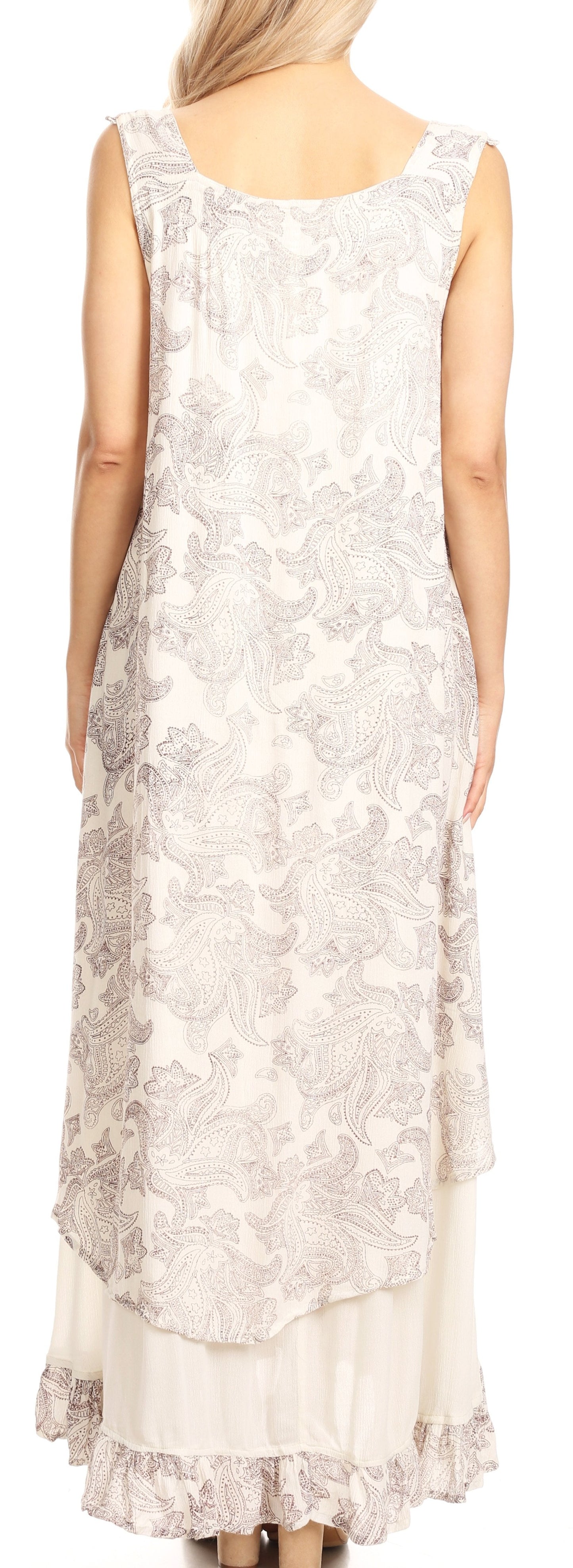 Sakkas Paak Tall Long Batik Paisely Print Ruffle Hem Lined Caftan Tank Top Dress