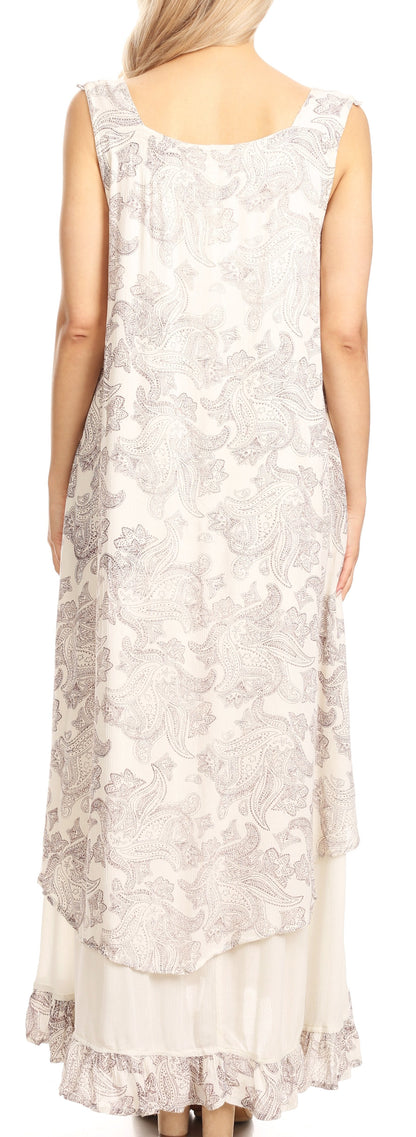 Sakkas Paak Tall Long Batik Paisely Print Ruffle Hem Lined Caftan Tank Top Dress