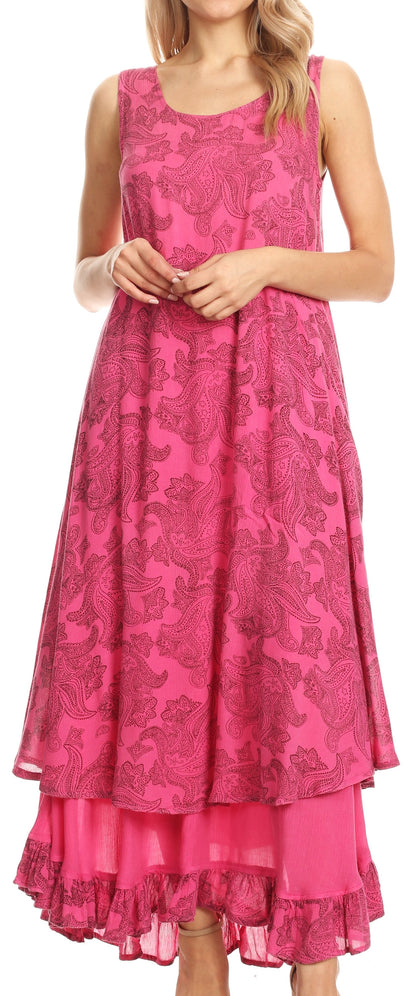 Sakkas Paak Tall Long Batik Paisely Print Ruffle Hem Lined Caftan Tank Top Dress