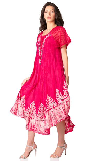 Sakkas Ronny Lace Embroidered Cap Sleeve Tie Dye Wash Caftan Dress / Cover Up