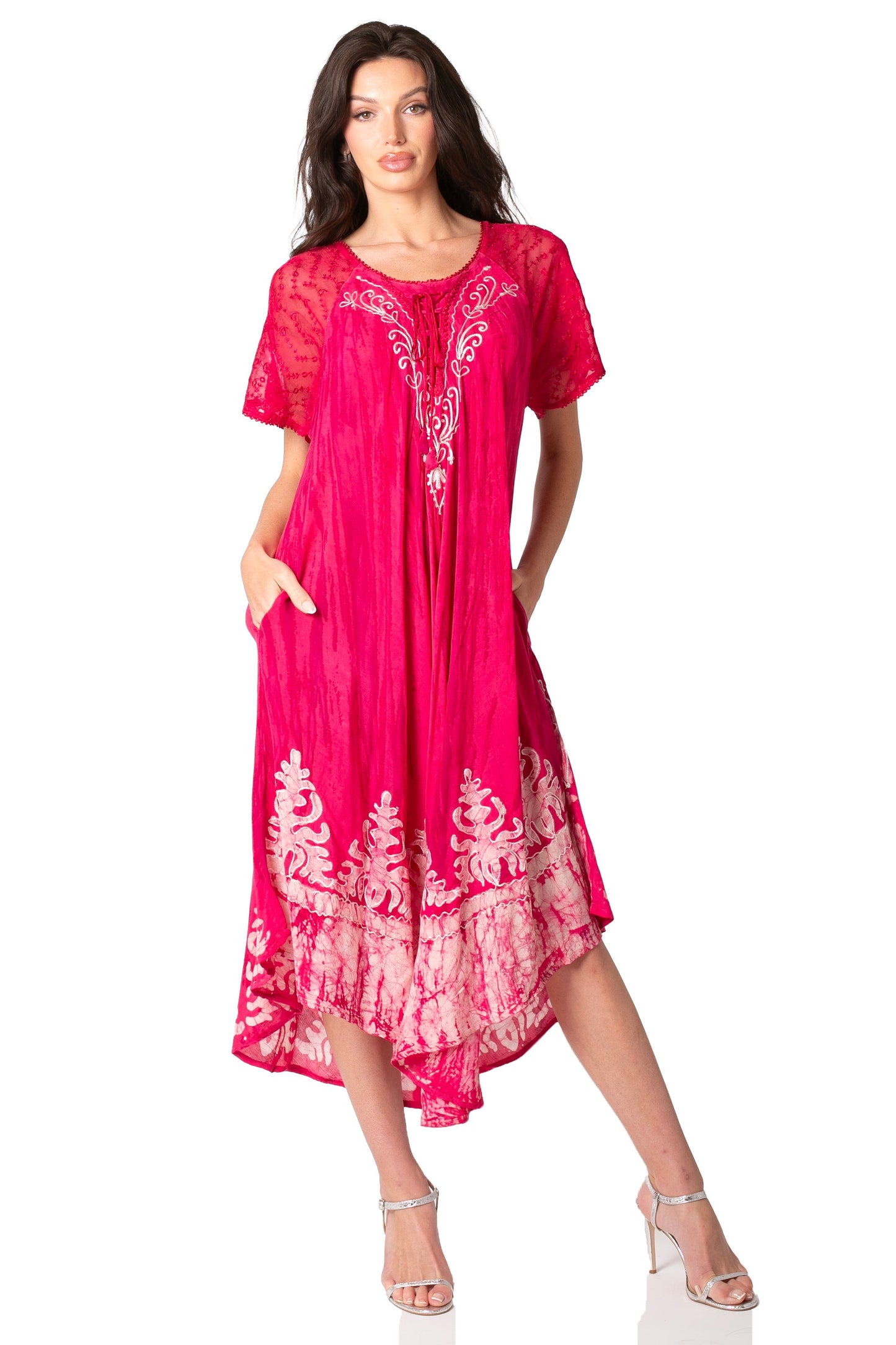 Sakkas Ronny Lace Embroidered Cap Sleeve Tie Dye Wash Caftan Dress / Cover Up