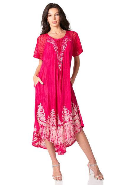 Sakkas Ronny Lace Embroidered Cap Sleeve Tie Dye Wash Caftan Dress / Cover Up