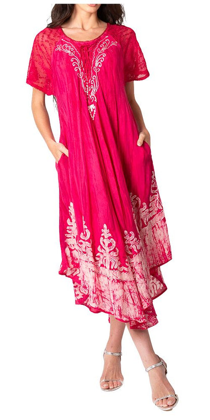Sakkas Ronny Lace Embroidered Cap Sleeve Tie Dye Wash Caftan Dress / Cover Up