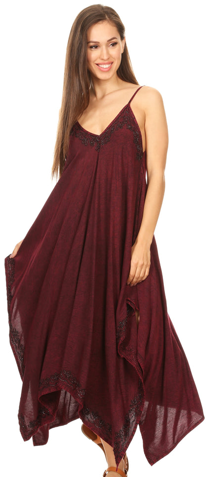 Sakkas Eleonora Stonewashed Embroidered Spaghetti Strap Handkerchief Dress