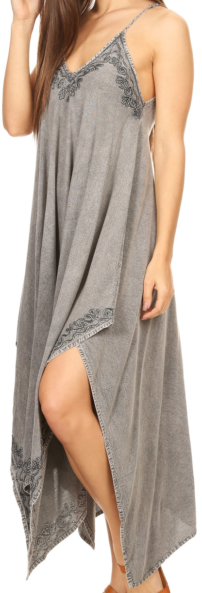 Sakkas Eleonora Stonewashed Embroidered Spaghetti Strap Handkerchief Dress