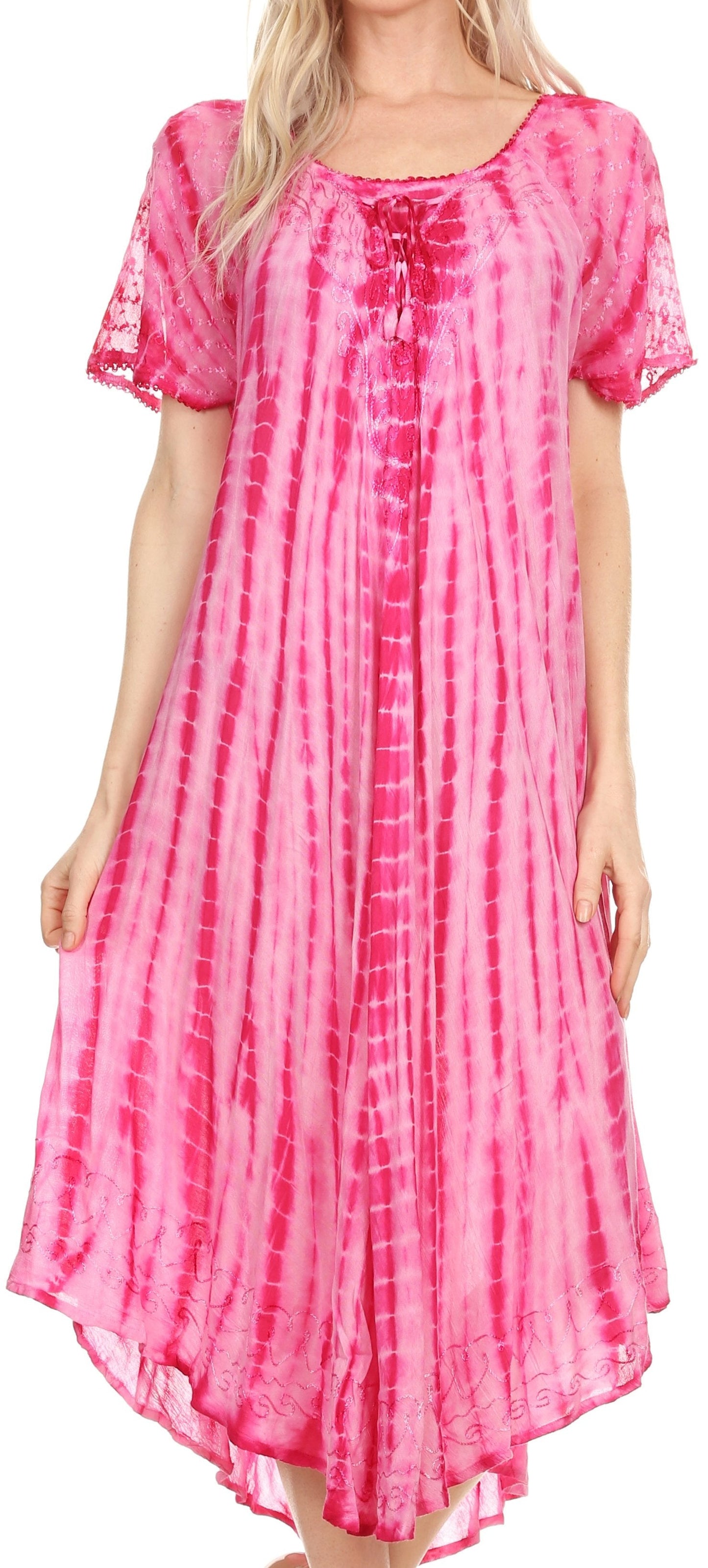 Sakkas Yasmin Tie Dye Embroidered Sheer Cap Sleeve Sundress | Cover Up