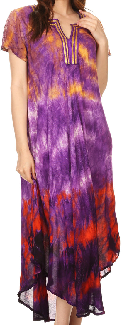 Sakkas Anita Short Sleeve Tie Dye Split Neck Dress / Cover Up