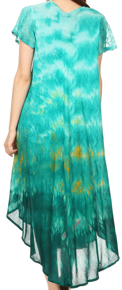 Sakkas Anita Short Sleeve Tie Dye Split Neck Dress / Cover Up