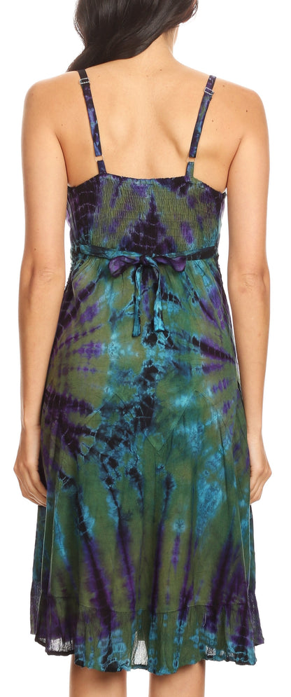 Sakkas Zoe Women's Summer Bohemian Spaghetti Strap Short Dress Tie Dye Embroidered