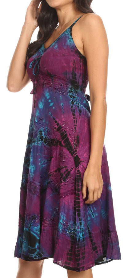 Sakkas Zoe Women's Summer Bohemian Spaghetti Strap Short Dress Tie Dye Embroidered
