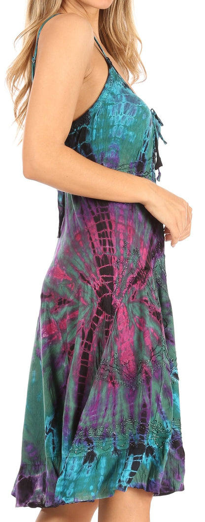 Sakkas Zoe Women's Summer Bohemian Spaghetti Strap Short Dress Tie Dye Embroidered
