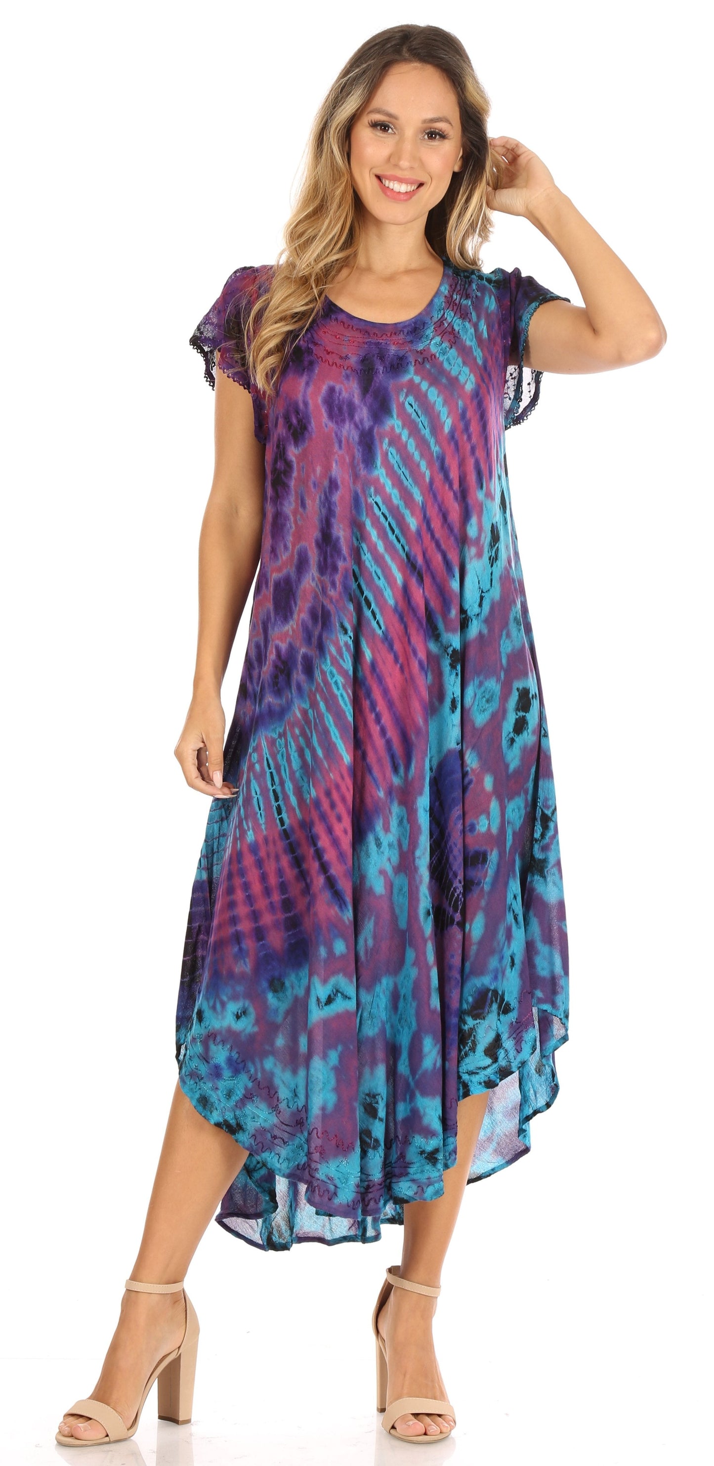 Sakkas Sofi Women's Short Sleeve Embroidered Tie Dye Caftan Tank Dress / Cover Up