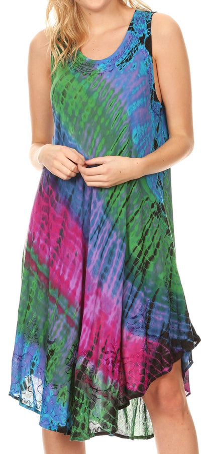 Sakkas Isola Women's Tank Summer Bohemian Swing Midi Dress Sleeveless Tie-dye