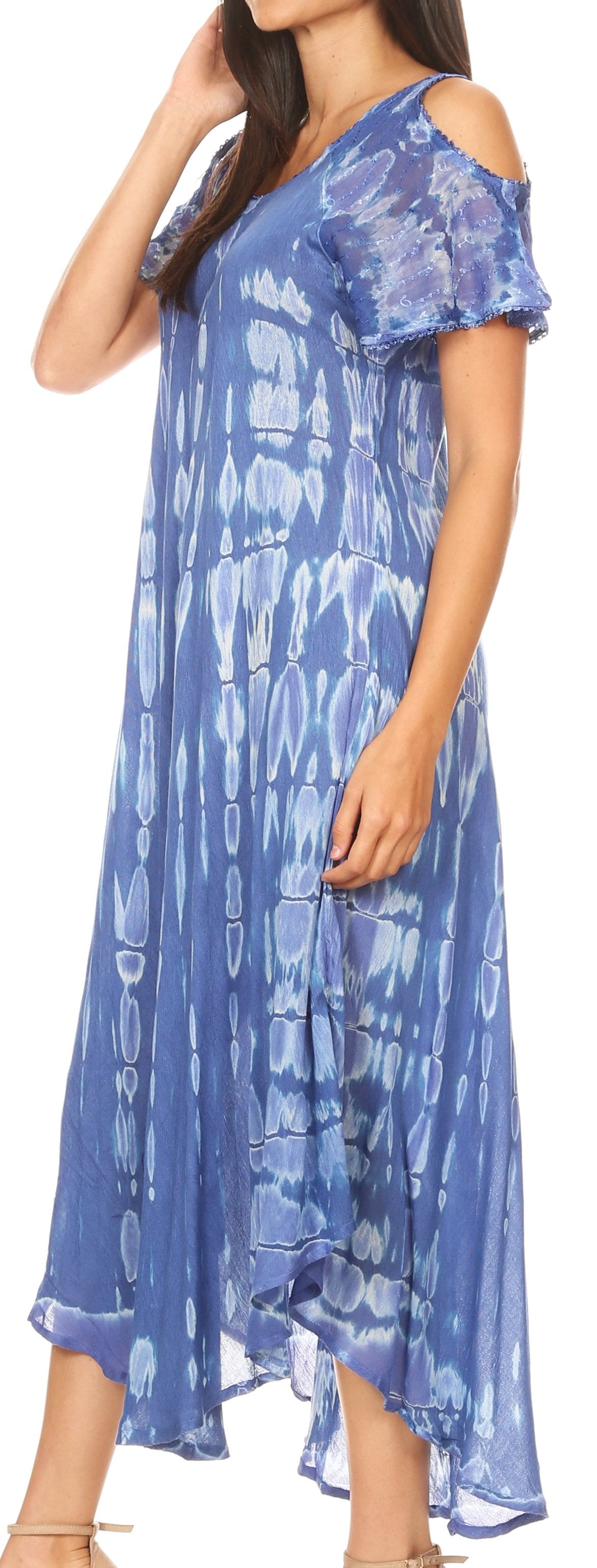 Sakkas Renata Women's Cold Shoulder Maxi Caftan Dress Sundress Flare Stonewashed