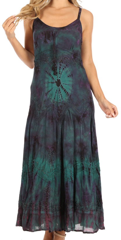 Sakkas Adela Women's Tie Dye Embroidered Adjustable Spaghetti Straps Long Dress