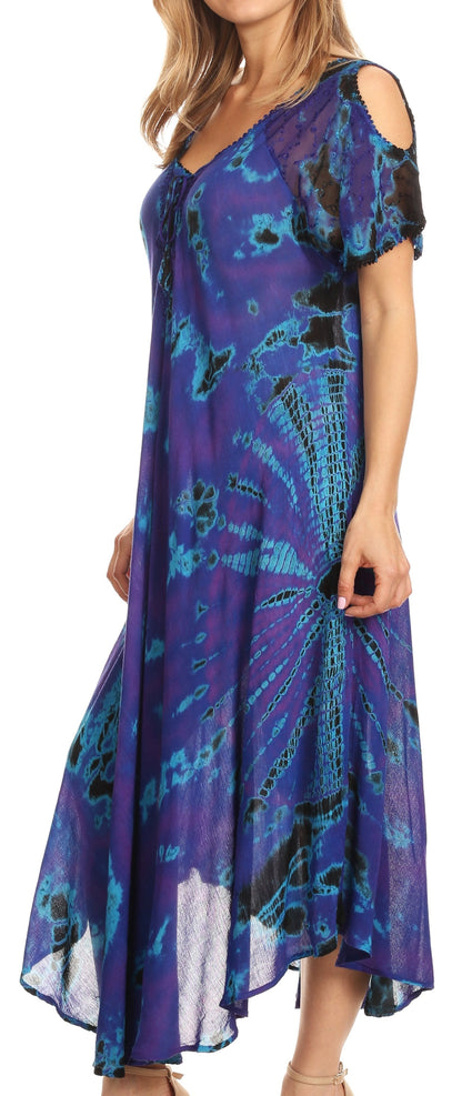 Sakkas Ada Women Cold Shoulder Caftan Relax Long Maxi Dress on Tie-dye with Corset