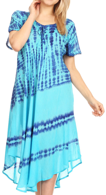 Sakkas Dalida Women's Short Sleeve Corset Tie dye Embroidered Flared Dress