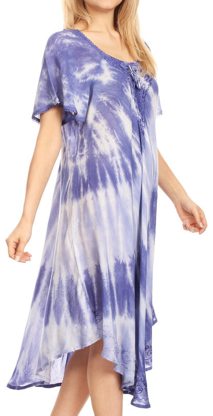 Sakkas Dalida Women's Short Sleeve Corset Tie dye Embroidered Flared Dress