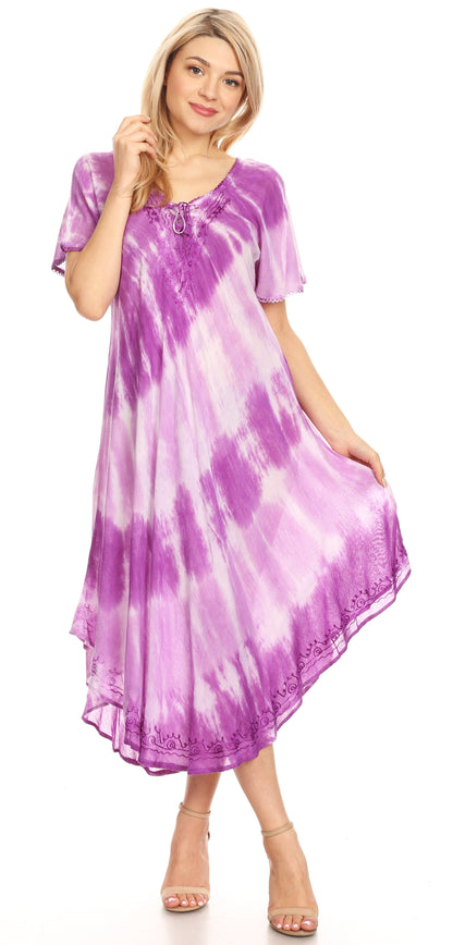 Sakkas Dalida Women's Short Sleeve Corset Tie dye Embroidered Flared Dress