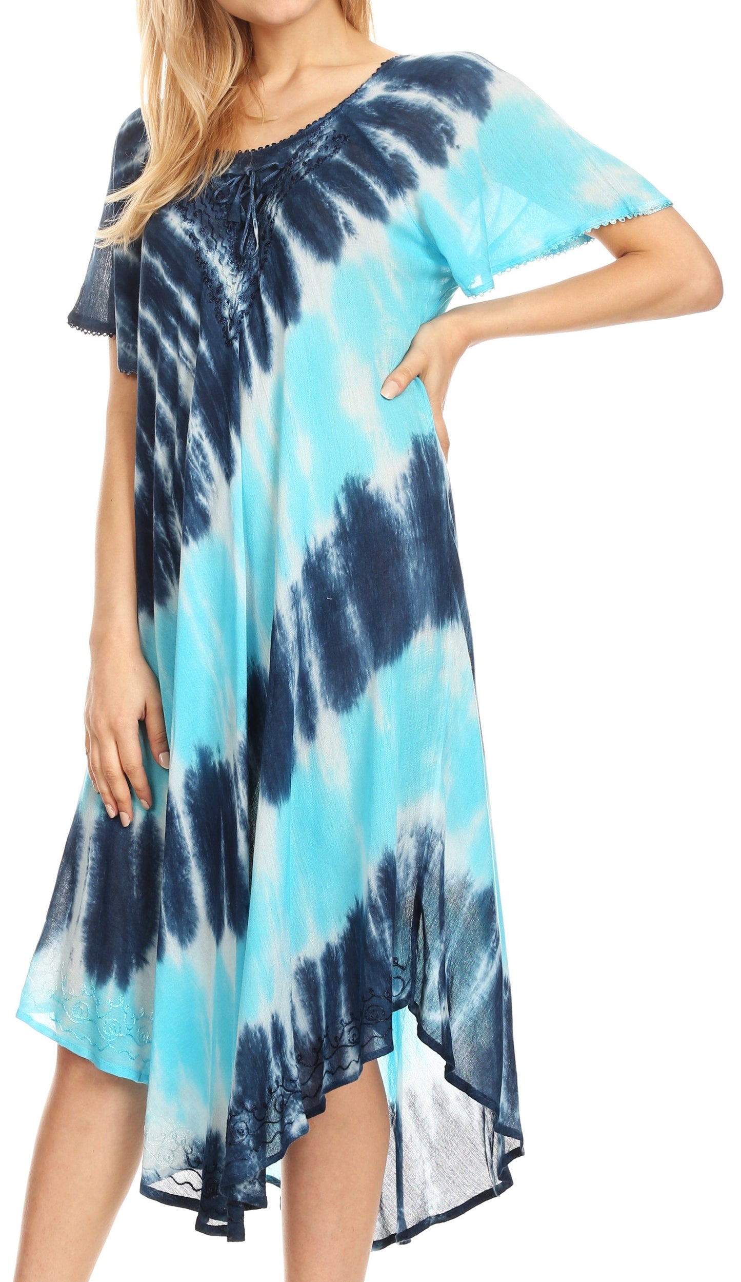 Sakkas Dalida Women's Short Sleeve Corset Tie dye Embroidered Flared Dress