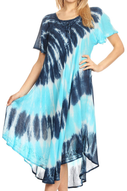 Sakkas Dalida Women's Short Sleeve Corset Tie dye Embroidered Flared Dress