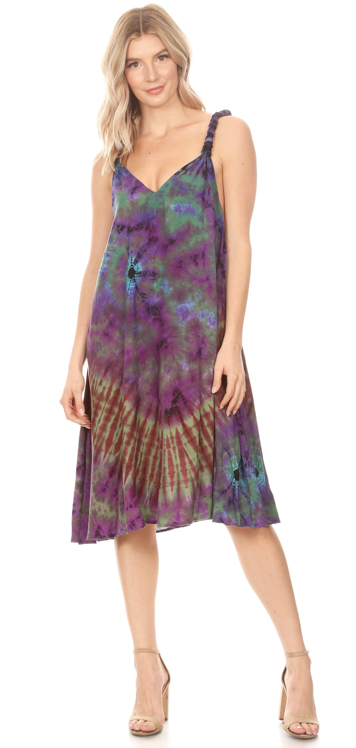 Sakkas Rute Women's Sleeveless V-neck Ruched Flared Loose Midi Summer Casual Dress