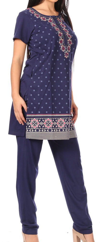 Sakkas Maria Women's Casual Tunic Kurta Knit Plain Embroidered Kurti Pant Set Soft