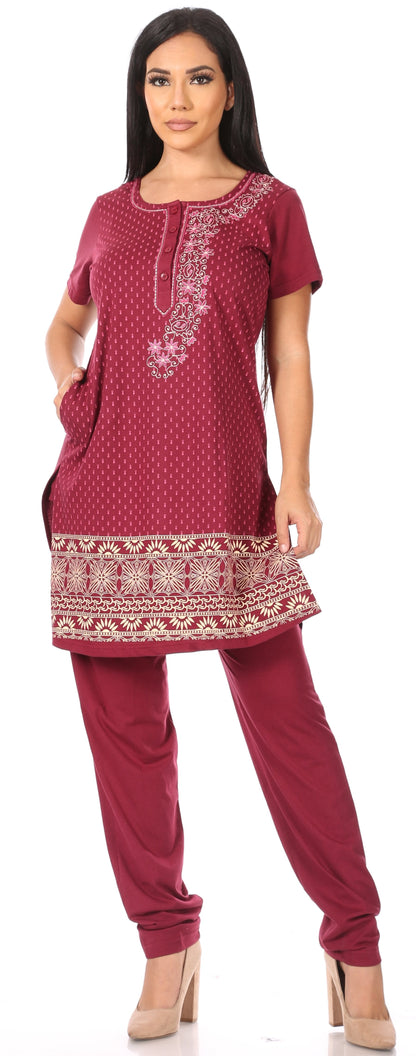 Sakkas Maria Women's Casual Tunic Kurta Knit Plain Embroidered Kurti Pant Set Soft