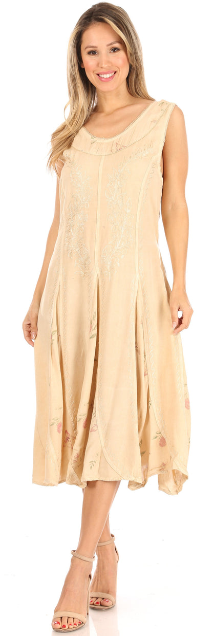 Sakkas Lila Women's Midi Sleeveless Floral Boho Casual Rayon Dress Adjustable