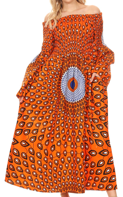 Sakkas Akela Women's Gypsy Peasant Boho Smocked Dress in African Ankara Print