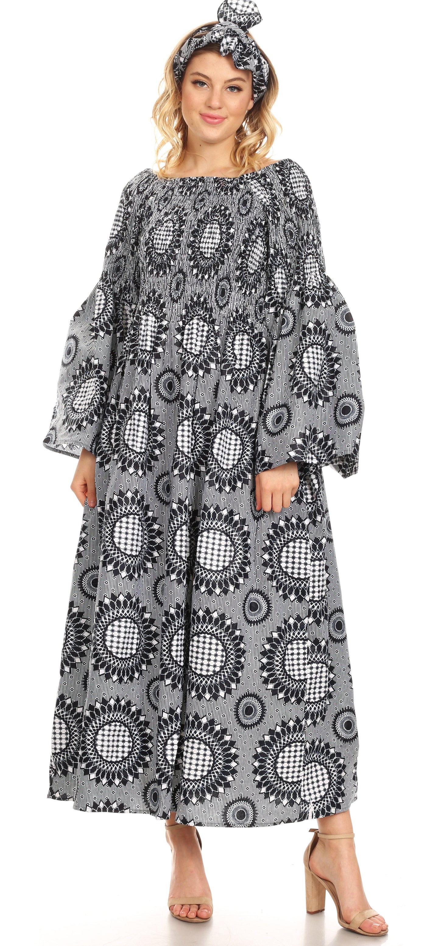 Sakkas Akela Women's Gypsy Peasant Boho Smocked Dress in African Ankara Print
